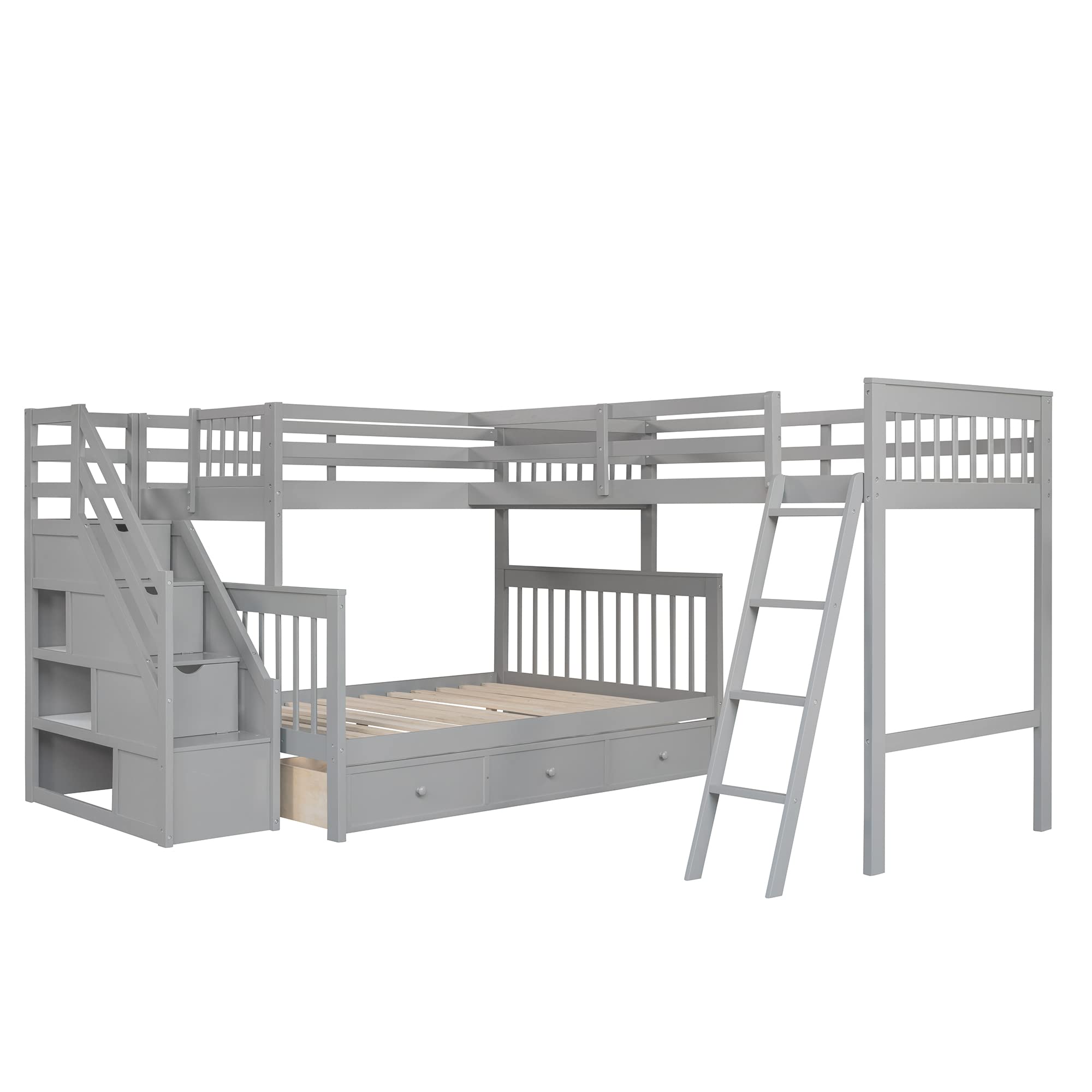 Twin Over Full L-Shaped Triple Bunk Bed for Kids