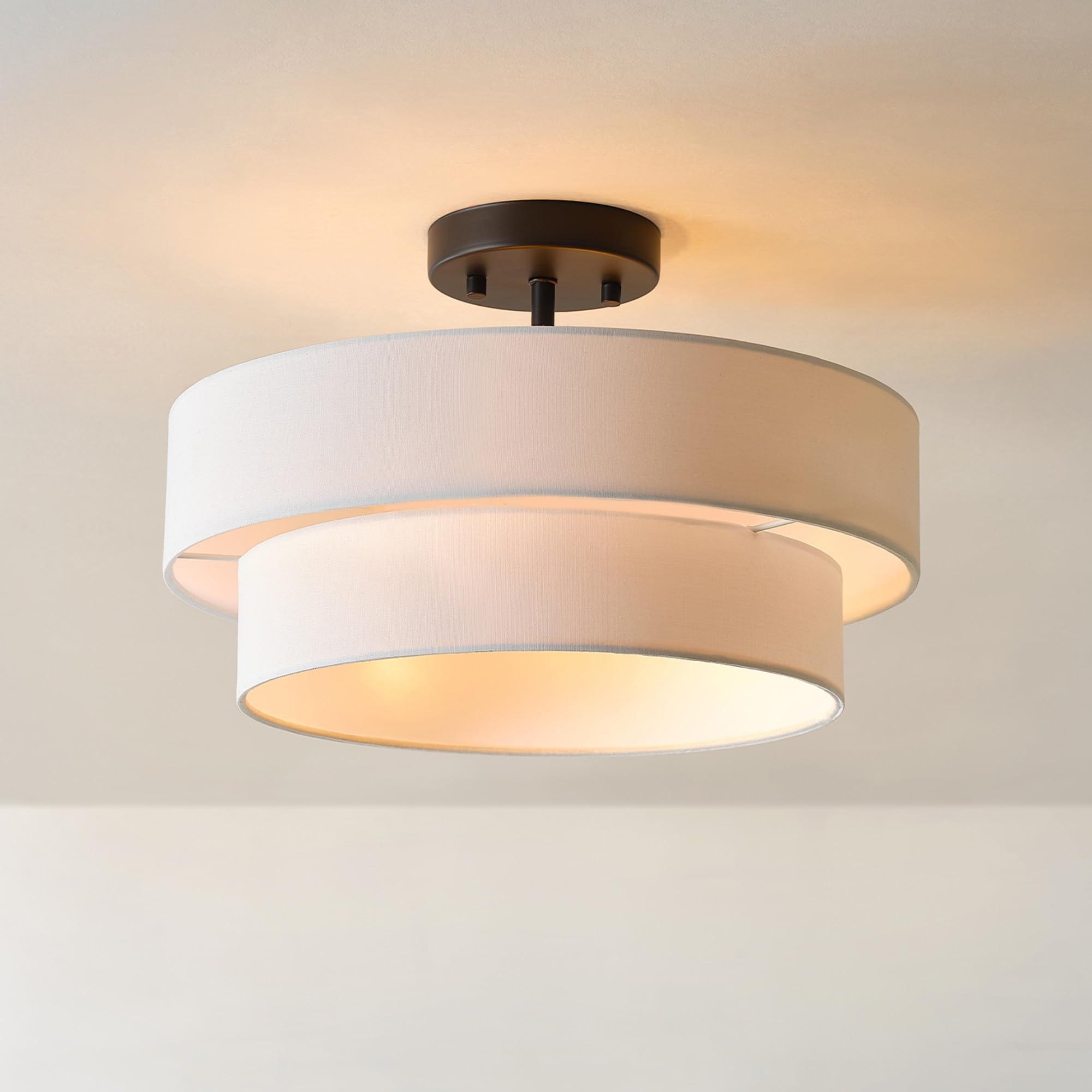 2-Light Semi-Flush Mount Ceiling Light, Matte Black, 2-Tier, White Linen Shade