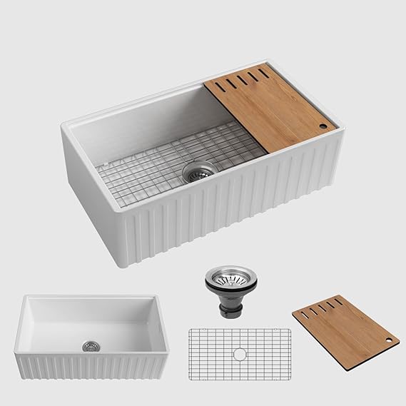 32 Inch White Fireclay Undermount or Drop-In Kitchen Sink, Single Bowl, Large Capacity