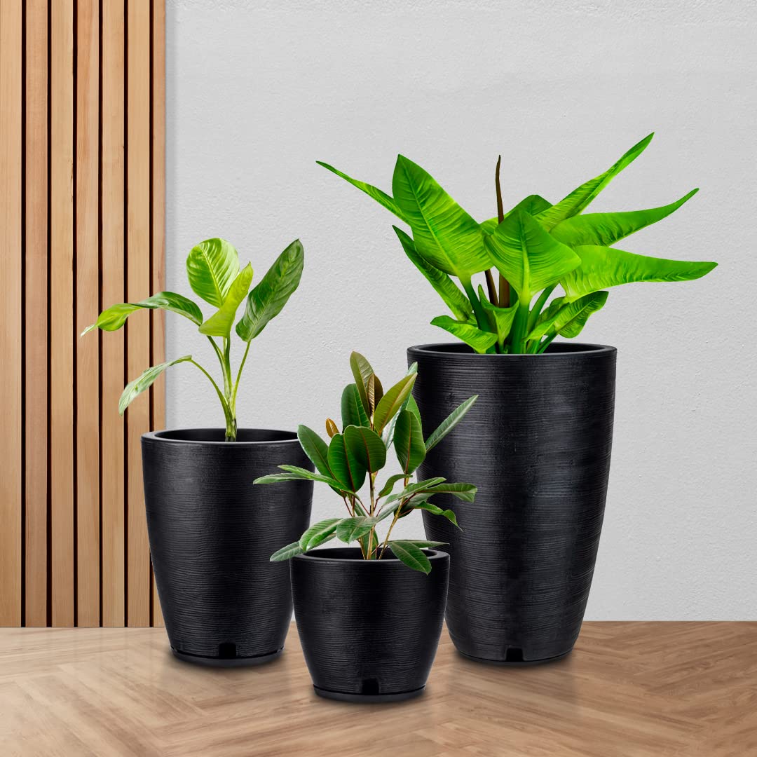Plastic Plant Pot, Black, Set of 3 (11+17+25 inch) with Drainage Hole and Saucer