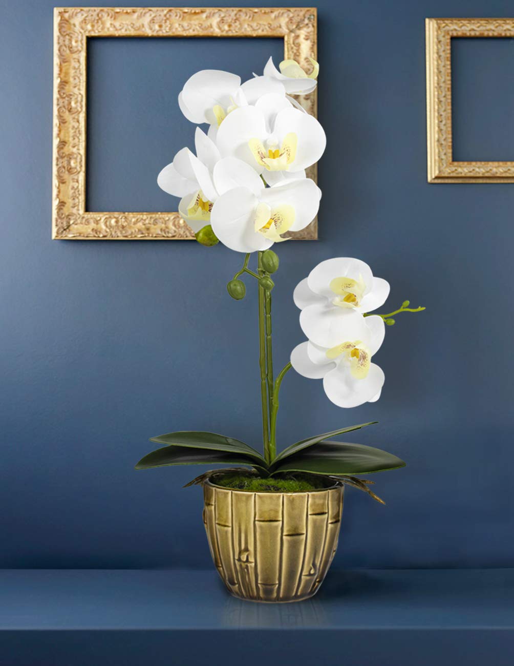 Realistic Orchid Artificial Flower Arrangement with Bamboo Ceramic Pot, White