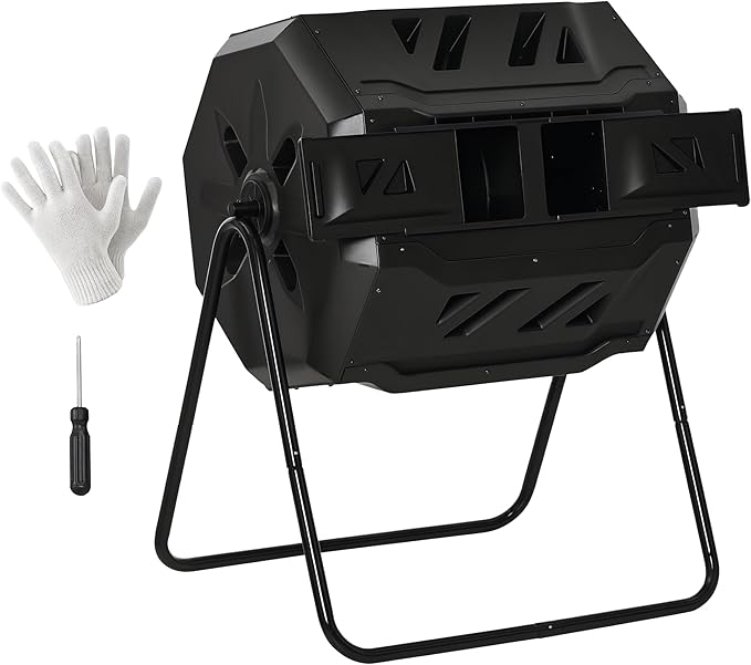 Tumbling Compost Bin Outdoor 360° Dual Chamber Rotating Composter 43 Gallon