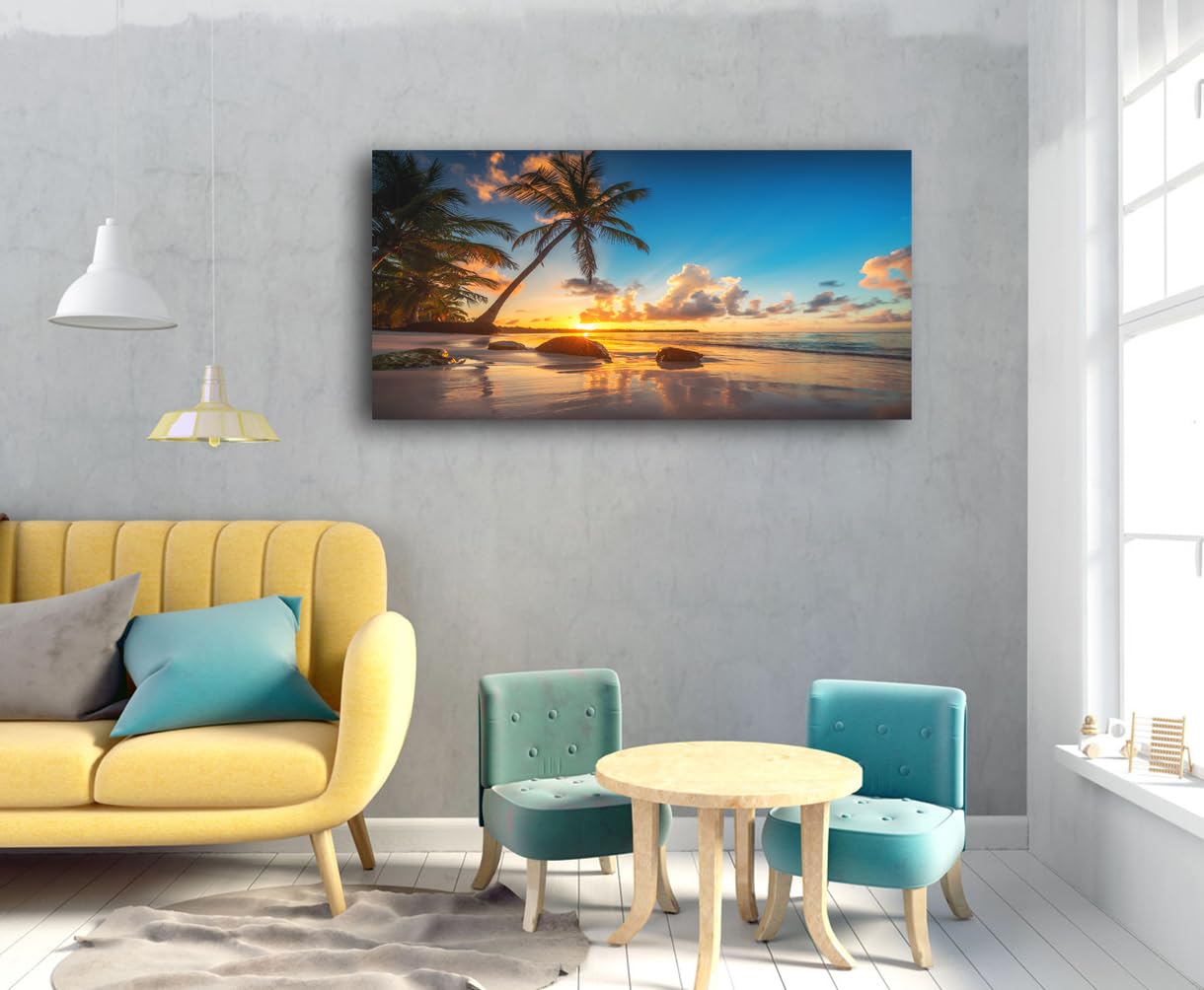 Wall Art Canvas Painting Sunset on a Tropical Beach with Palm Trees 1 Piece Blue