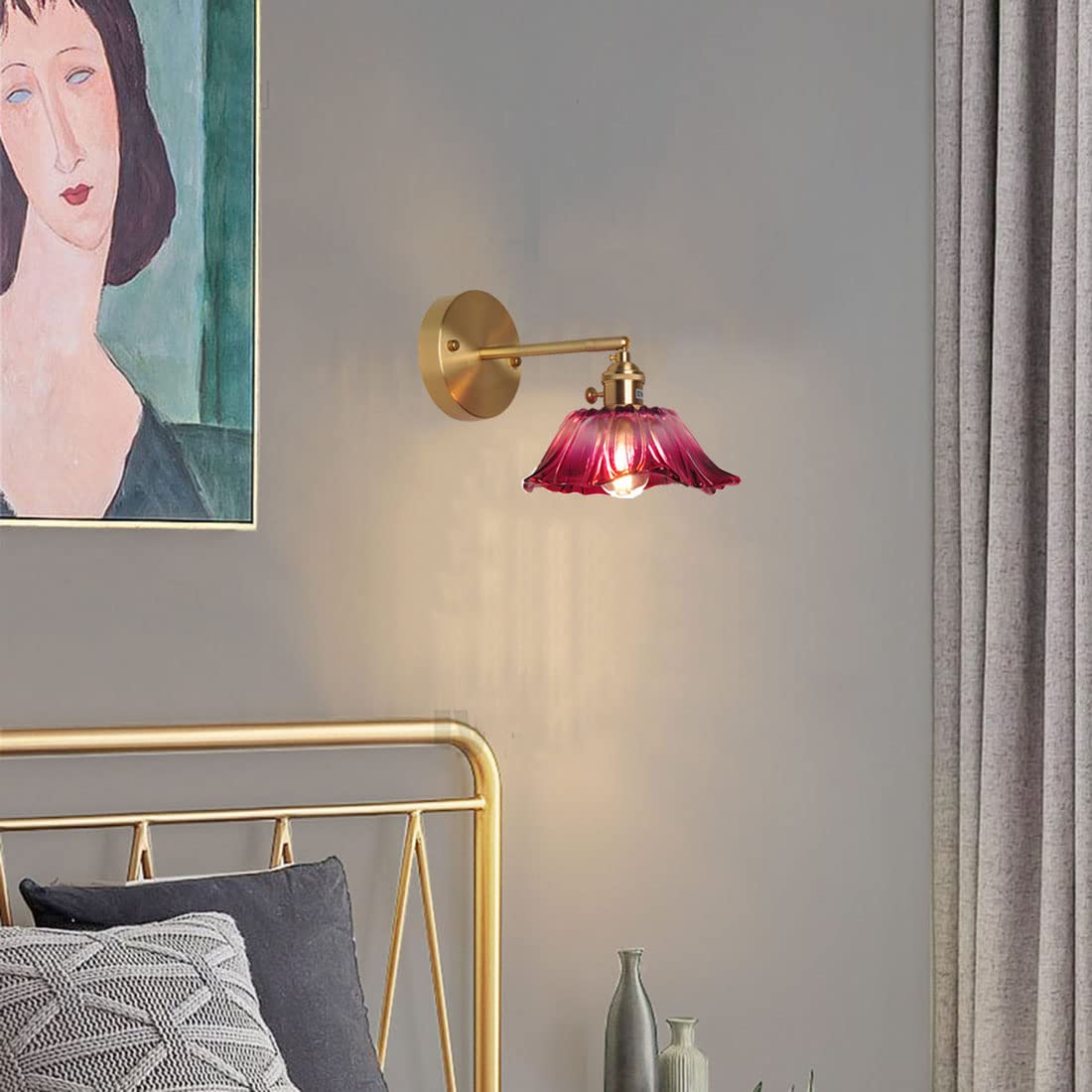 Wlmehujj Wall Lights with Switch, Glass Shade Vintage Modern Adjustable Arm Wall Sconces Lighting E27 Single Head Industrial Brass Wall Lamps for Bedroom Living Room Hallway Loft Study (Style B)