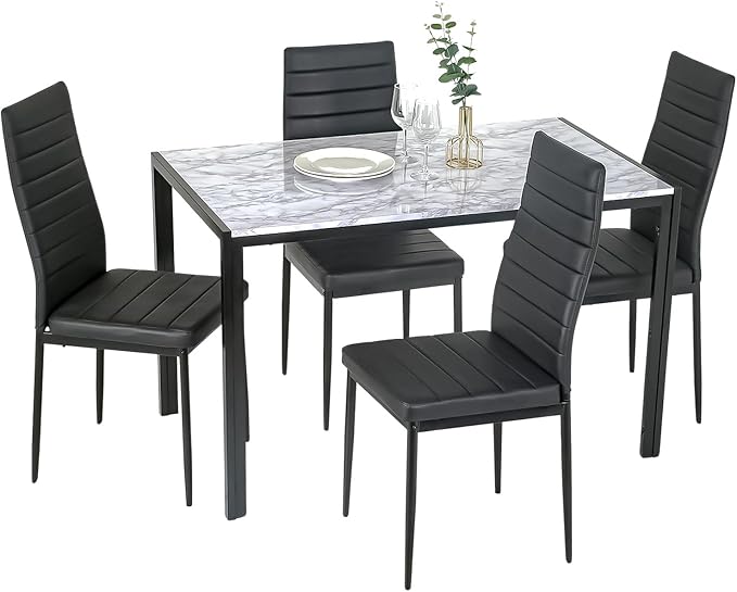 Dining Room Table Set 5-Piece Kitchen with 4 Faux Leather Metal Frame