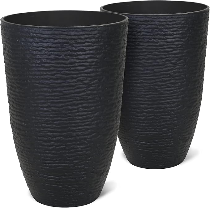 9 Gallon Tall Round Planters Set of 2-14" Dia x 21" H Stone Finish Flower Pots Indoor