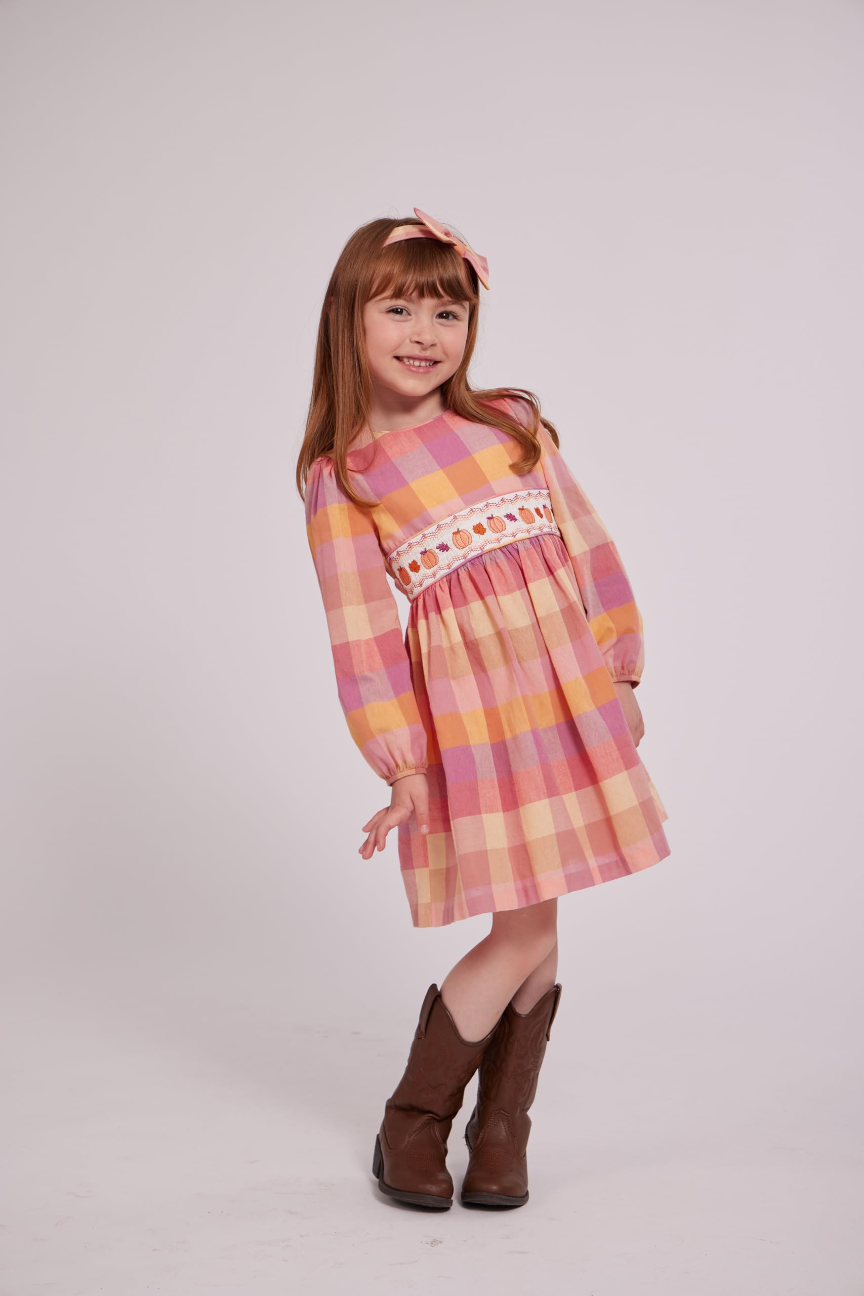 Thanksgiving Dress - Buffalo Check Pumpkin Smocked Dress with Headband for Baby