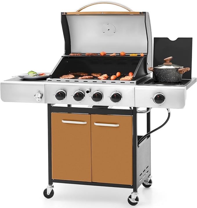 4-Burner Propane Gas BBQ Grill with Side Burner and Porcelain-Enameled Cast Iron Grates