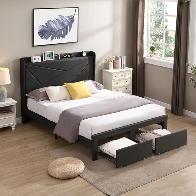Queen Bed Frame with 2 Storage Drawers, Upholstered Queen Size Bed Frame