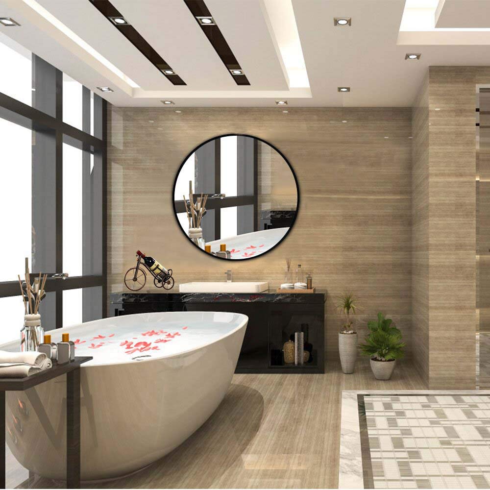 42" Round Wall Mirror, Metal Frame Circle Bathroom Mirror