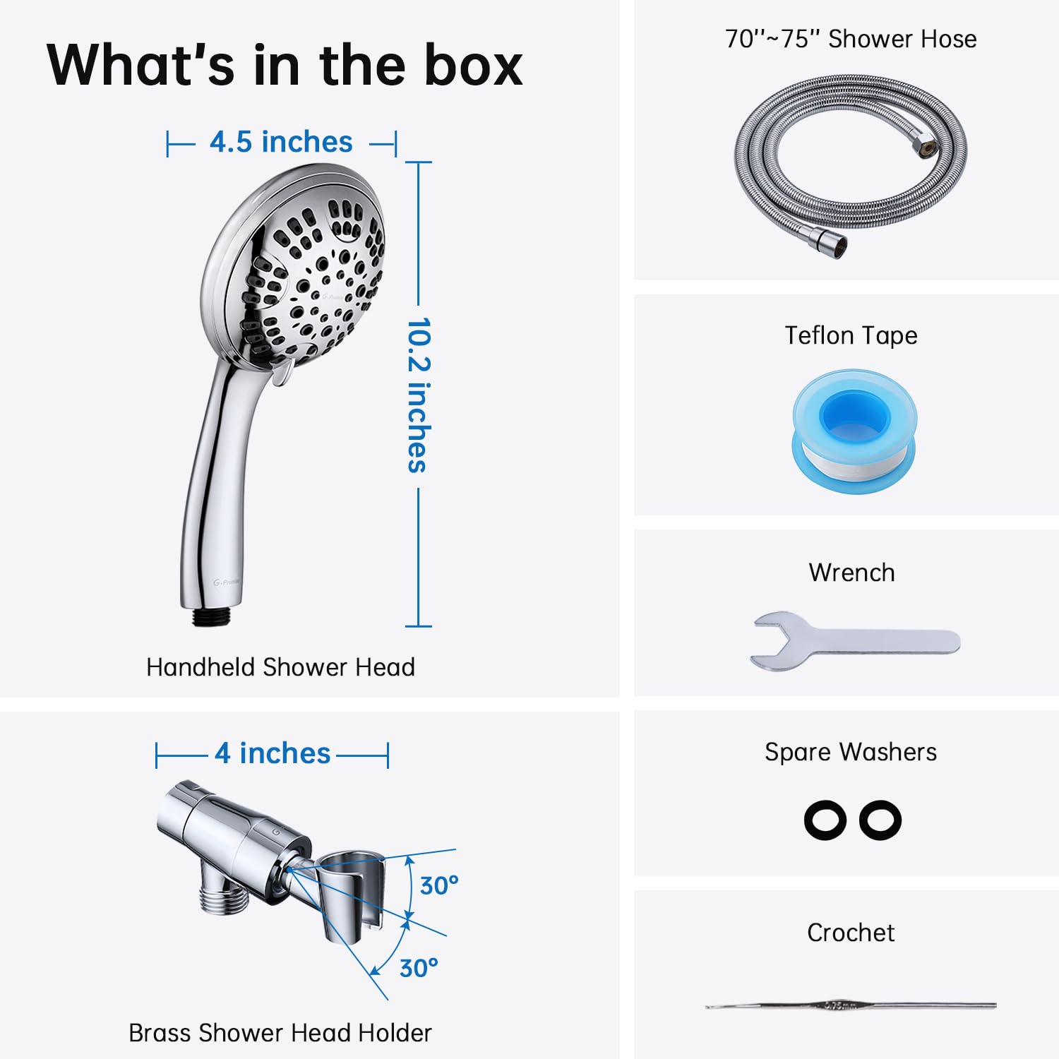 G-Promise High Pressure Shower Head 6 Spray Setting with Adjustable Solid Brass Shower Arm Mount and Extra Long Flexible Stainless Steel Hose (Chrome)