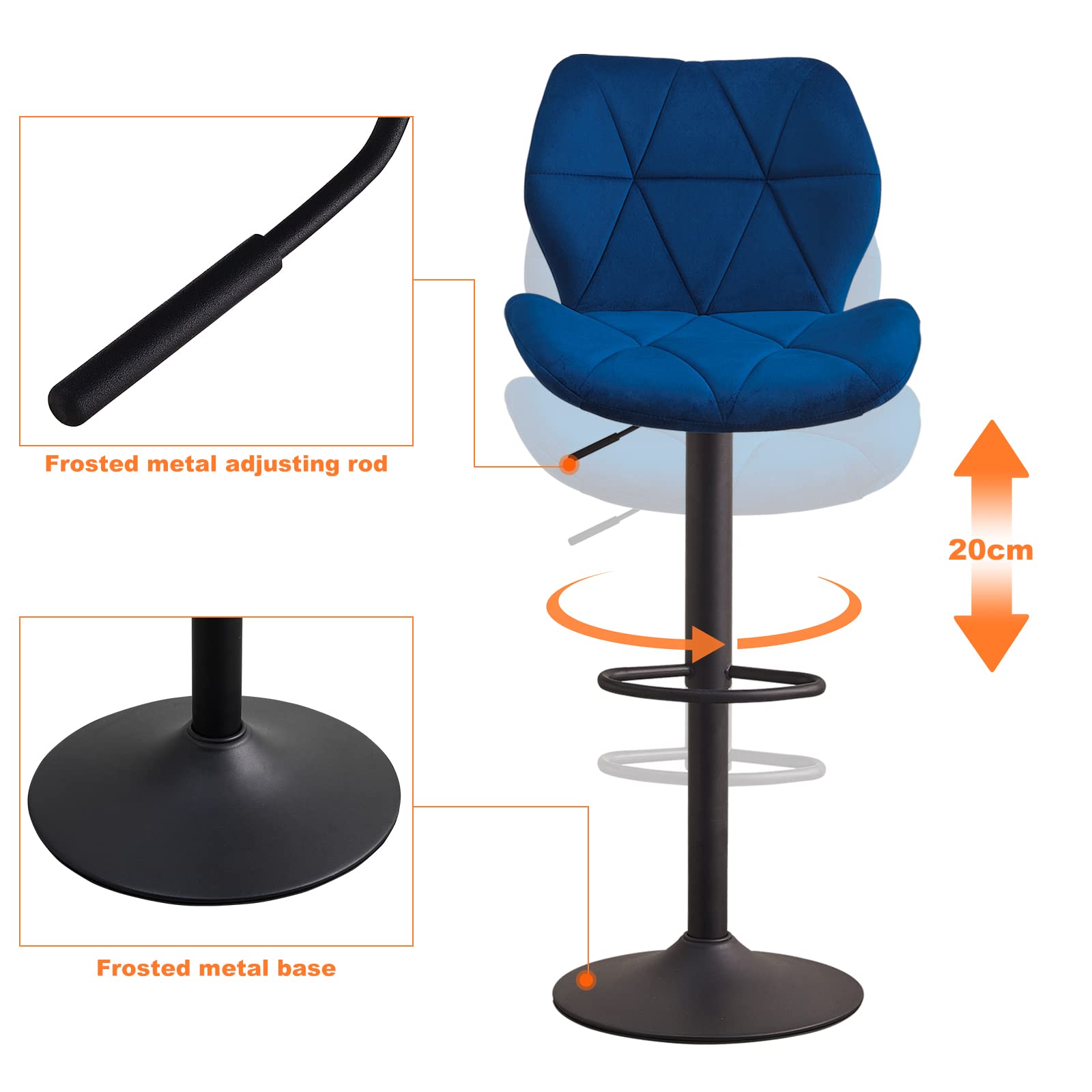 OFCASA Bar Stools Swivel Height Adjustable Barstools with Backrest and Footrest, Velvet Counter Stools for Kitchen, Dining Room, Bar(Blue 2pcs/Set)