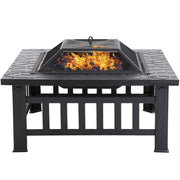 Metal Fire Pit Table with Durable Steel Frame, Poker & Mesh Cover, Wood