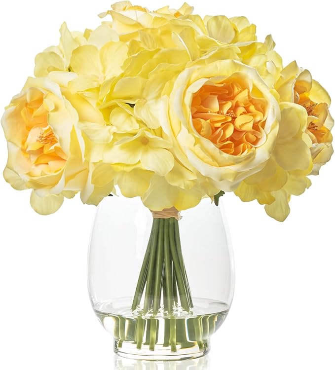 Fake Flowers in Vase with Fake Water, Realistic Faux Silk Blue Rose Hydrangea Artificial