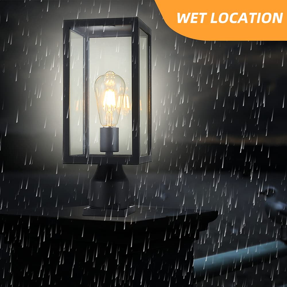 Windben Large 15 inch Outdoor Post Light,Waterproof Cast Aluminium Lamp Post Light Fixture,Post Lantern with Pier Mount Base,Matte Black,Suitable for Garden,Yard,Driveway,etc