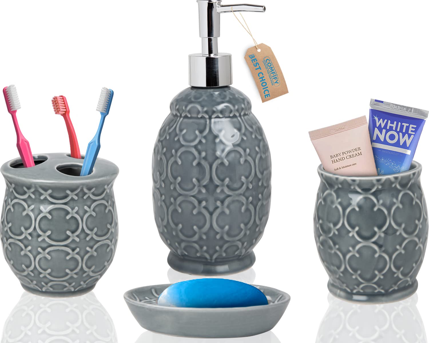 Designer 4-Piece Bathroom Accessory Set – Ceramic Bath Set w/Liquid Soap