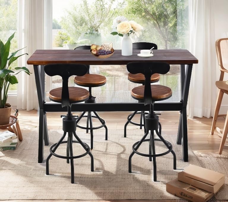 Bar Table, 47.24"L×41.33"H Bar Height Pub Table High Top Rectangular Sofa Console Table Kitchen Dining Coffee Table, for Narrow Space, Living Room, Indoor, Rustic Brown Wood, Industrial Black Metal