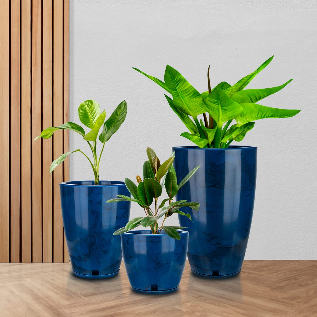 Plastic Plant Pot, Blue Marble Effect, Set of 3 (11+17+25 inch) with Drainage Hole
