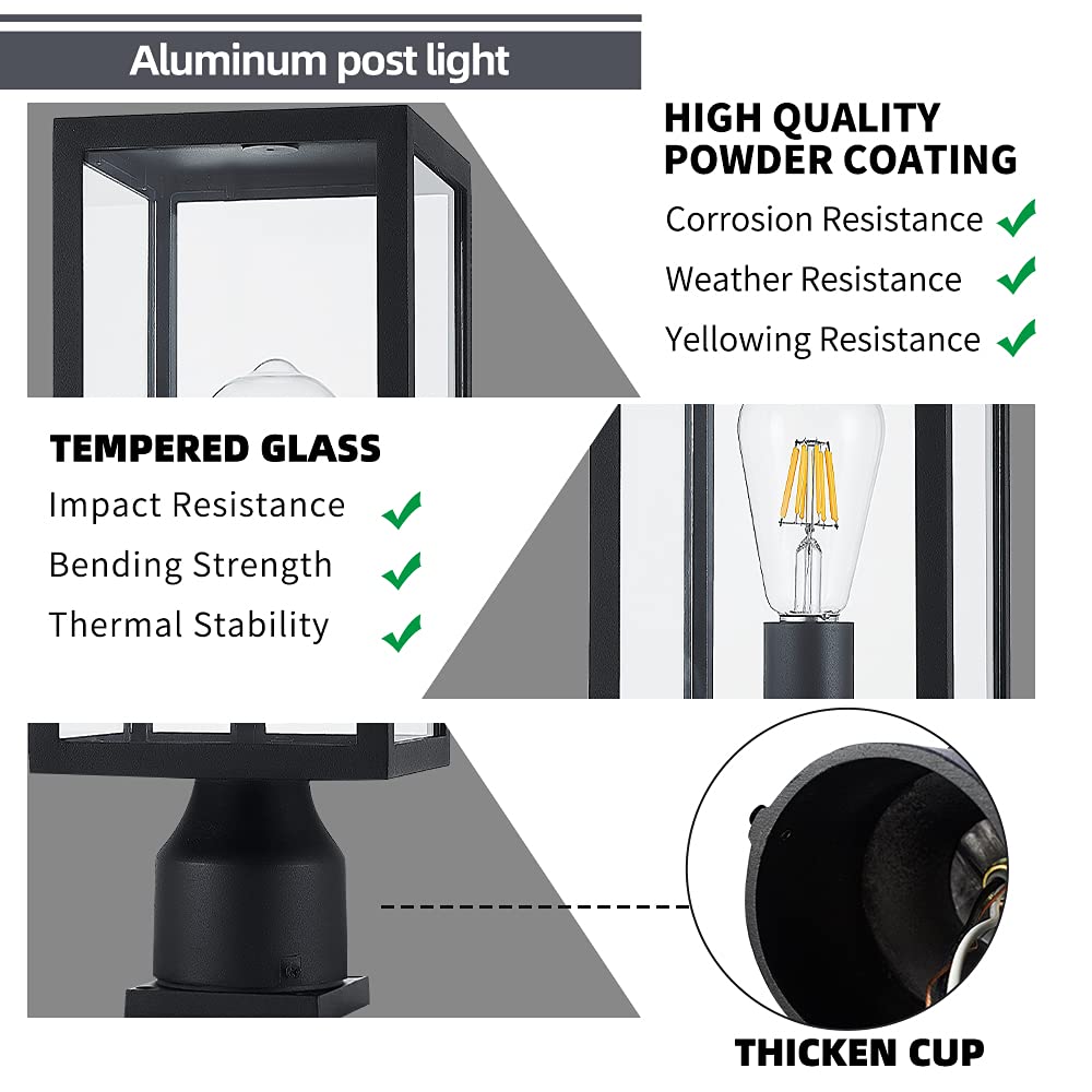 Windben Large 15 inch Outdoor Post Light,Waterproof Cast Aluminium Lamp Post Light Fixture,Post Lantern with Pier Mount Base,Matte Black,Suitable for Garden,Yard,Driveway,etc