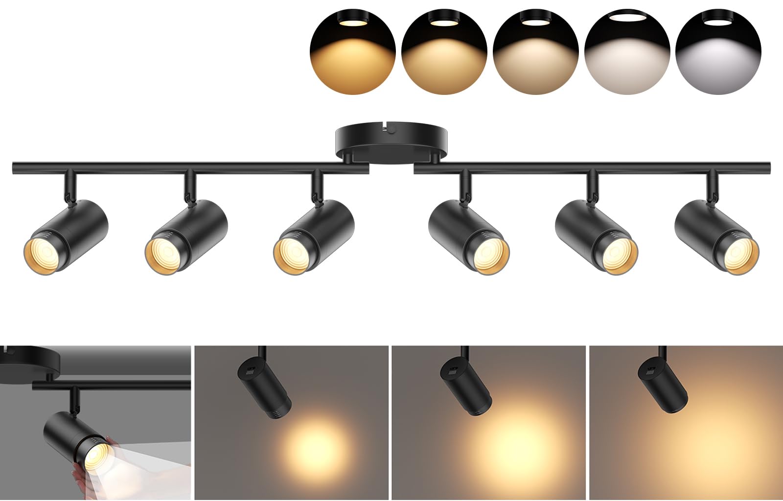 5-Color Zoomable 6 Light Track Lighting Fixtures Ceiling for Kitchen
