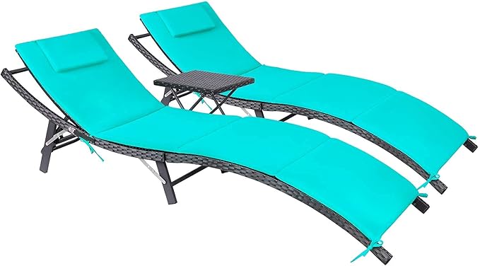 Chaise Lounge Sets Outdoor Rattan Adjustable Back 3 Pieces Cushioned Patio