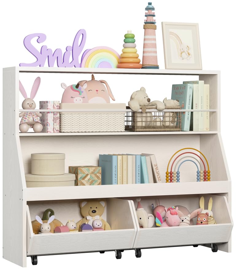 Toy Storage Organizer, Kids Bookshelf with 2 Movable Cubby Drawers