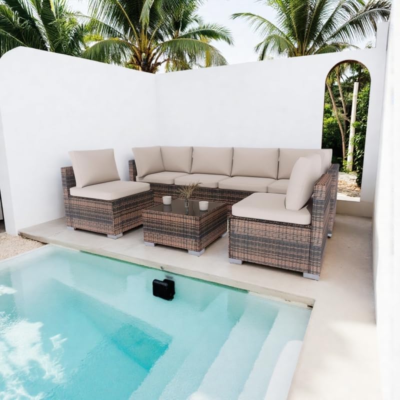 7 Piece Outdoor Patio Sectional Sofa Set, All-Weather Wicker Patio Furniture Set