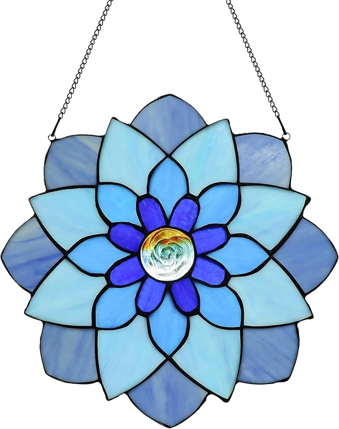 12 Inch Round Stained Glass Window Panel Tiffany Style Ornament Handmade Blue