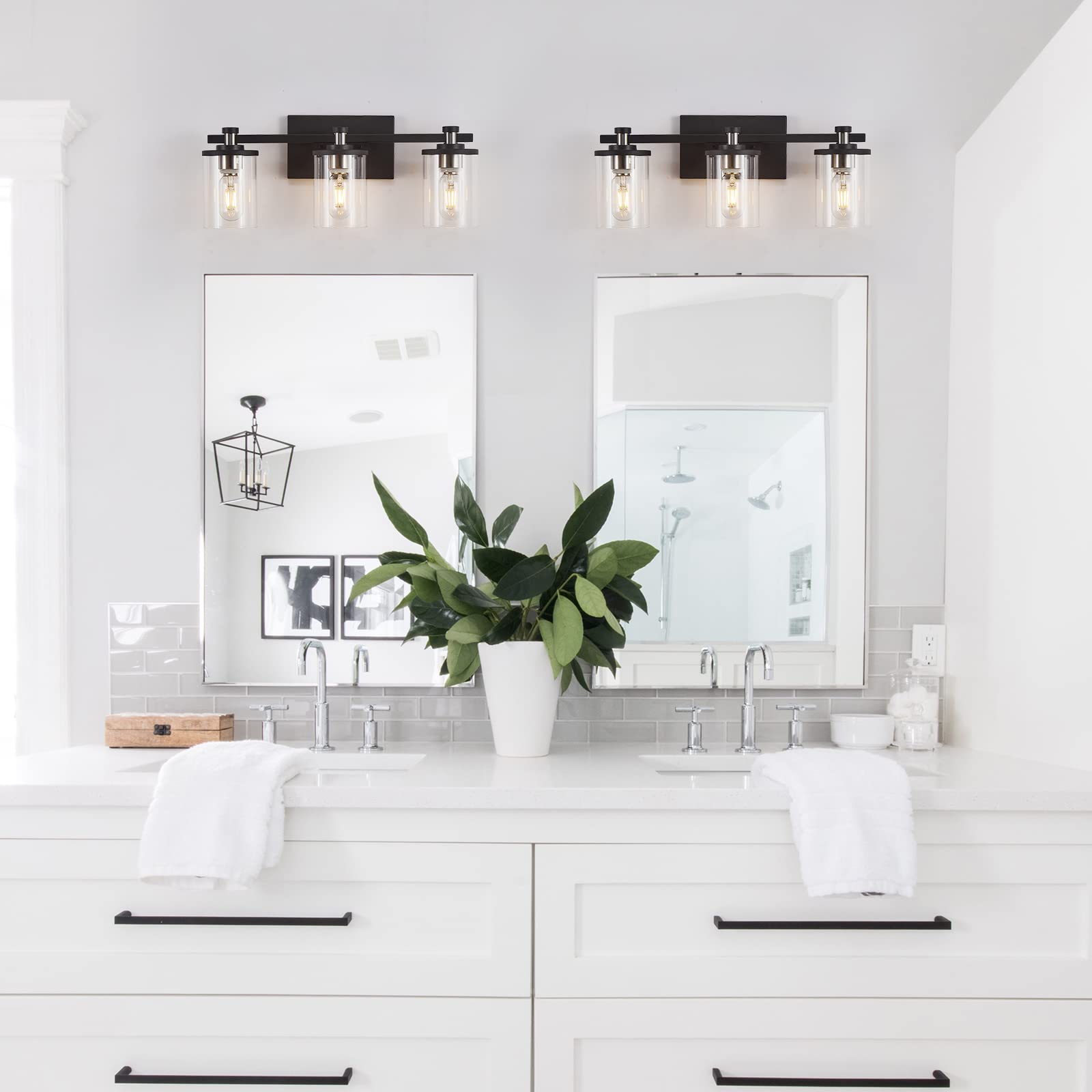 Bathroom Vanity Light 3-Light, Black and Nickel Bathroom Light Fixtures with Clear Glass