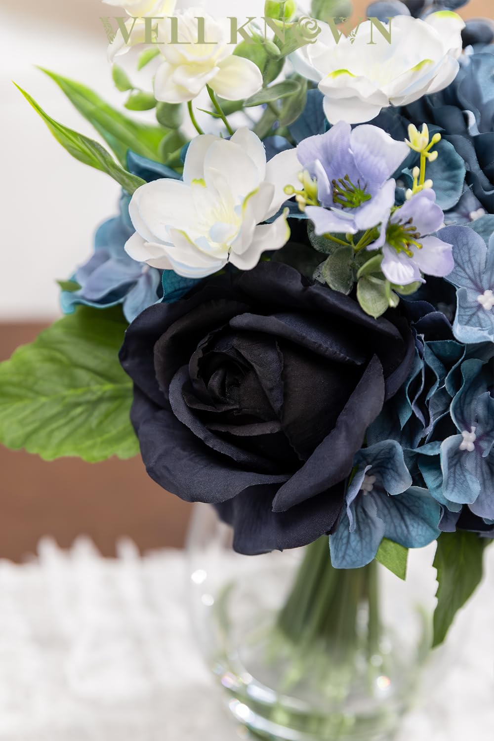 Fake Flowers in Vase with Fake Water, Realistic Faux Silk Blue Rose Hydrangea Artificial