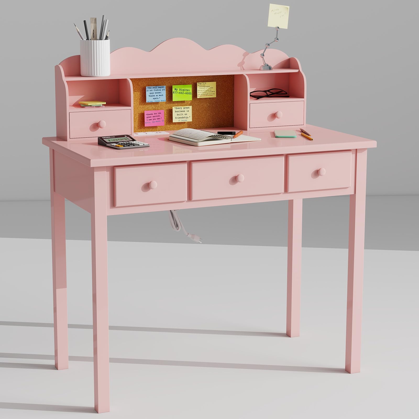 Pink Writing Desk with Hutch and Drawers, 36 Inch Home Office Desk with Charge