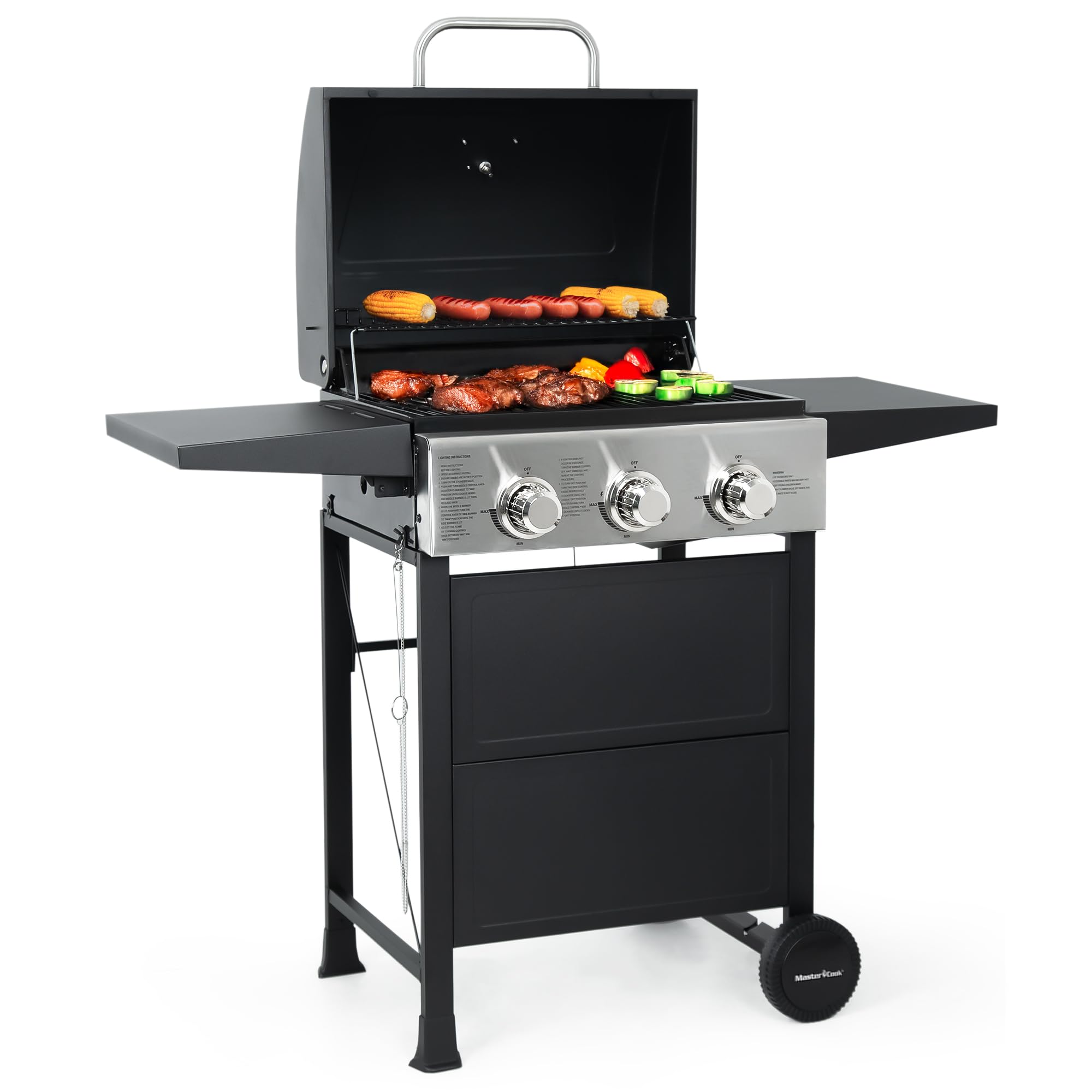 3 Burner BBQ Propane Gas Grill, Stainless Steel 30,000 BTU Patio Garden Barbecue Grill