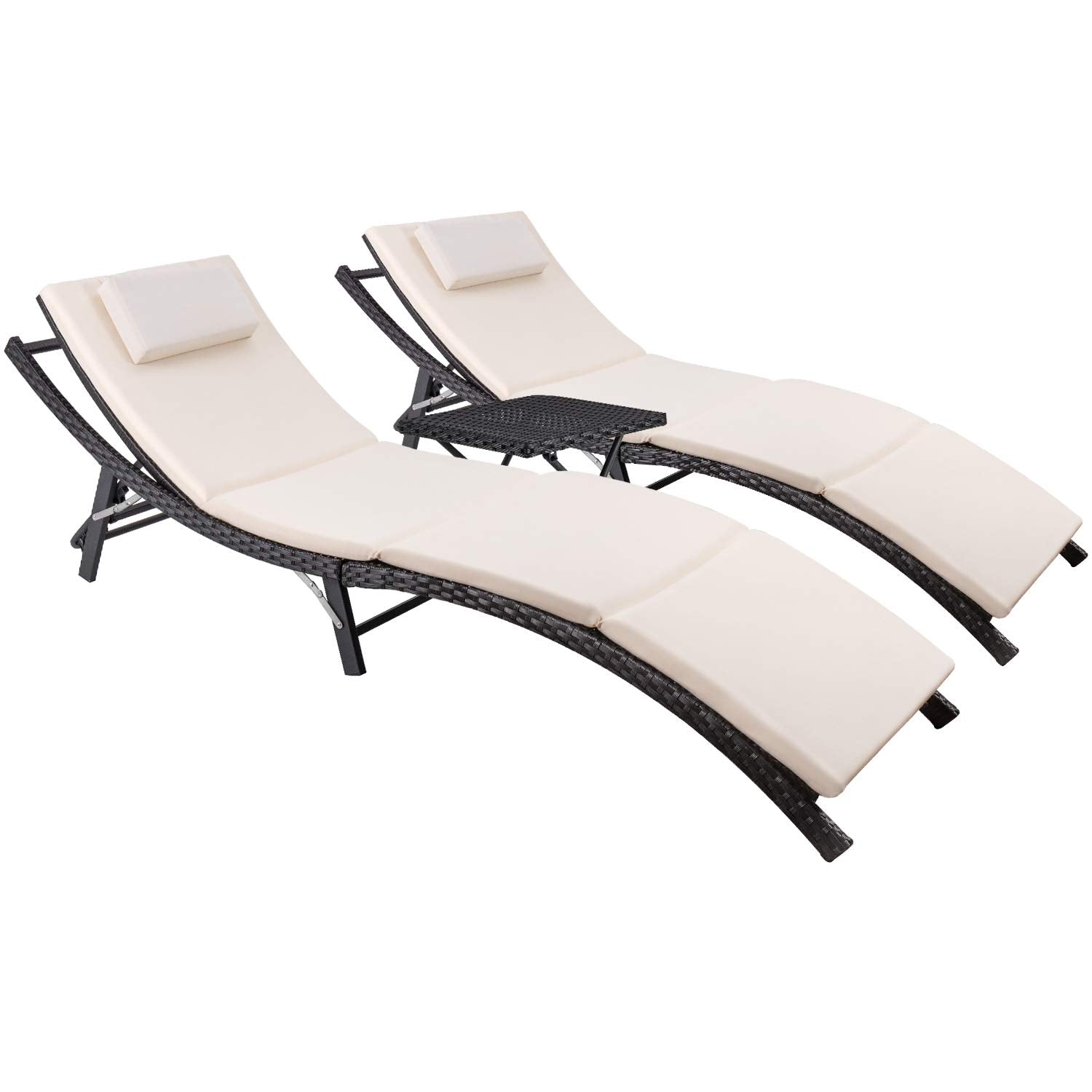Chaise Lounge Sets Outdoor Rattan Adjustable Back 3 Pieces Cushioned Patio