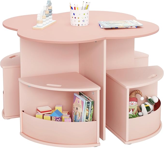 Toddler Table and Chair Set with 4 Storage Stools