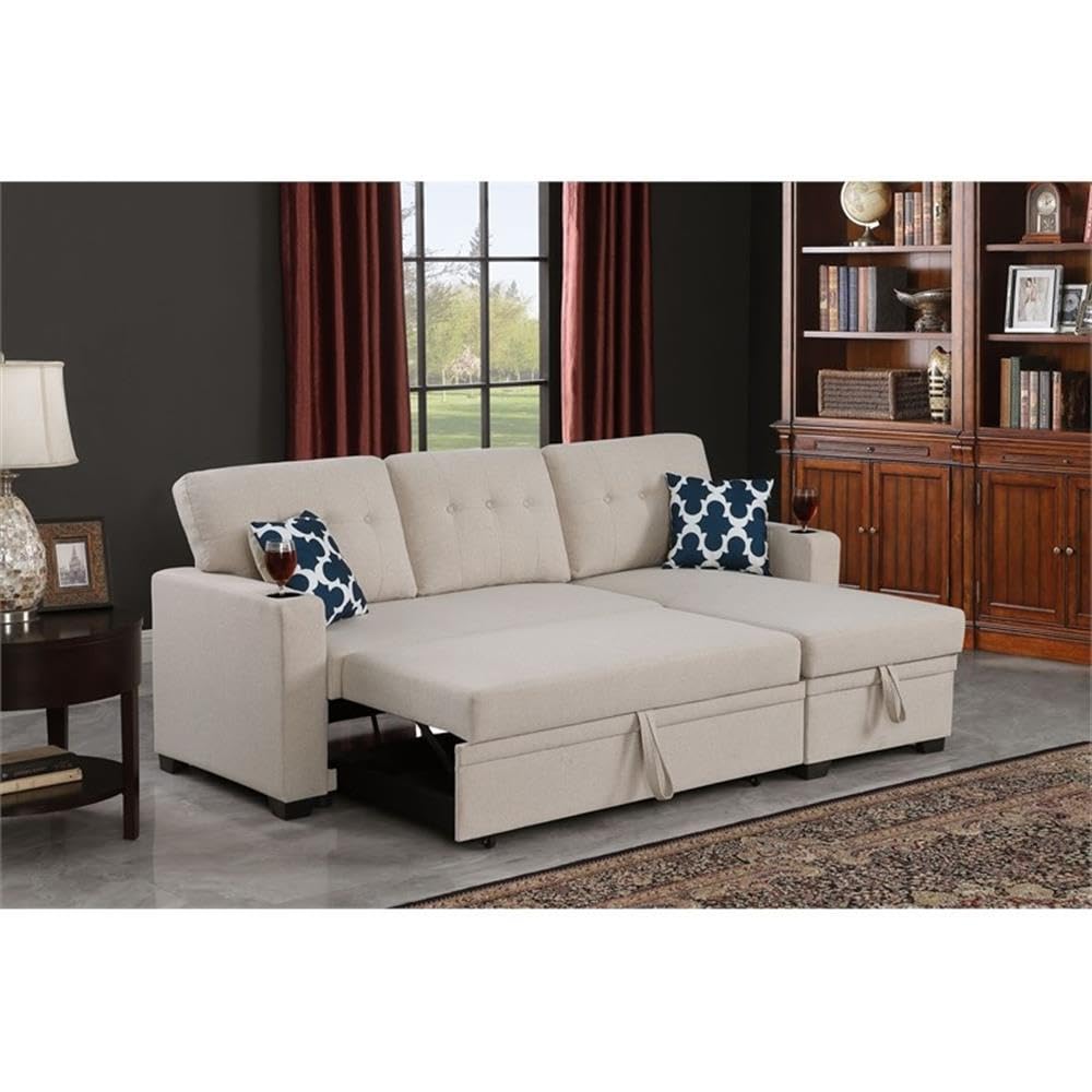 Reversible Fabric Sleeper Sofa Bed & Chaise with Cup Holder-Beige