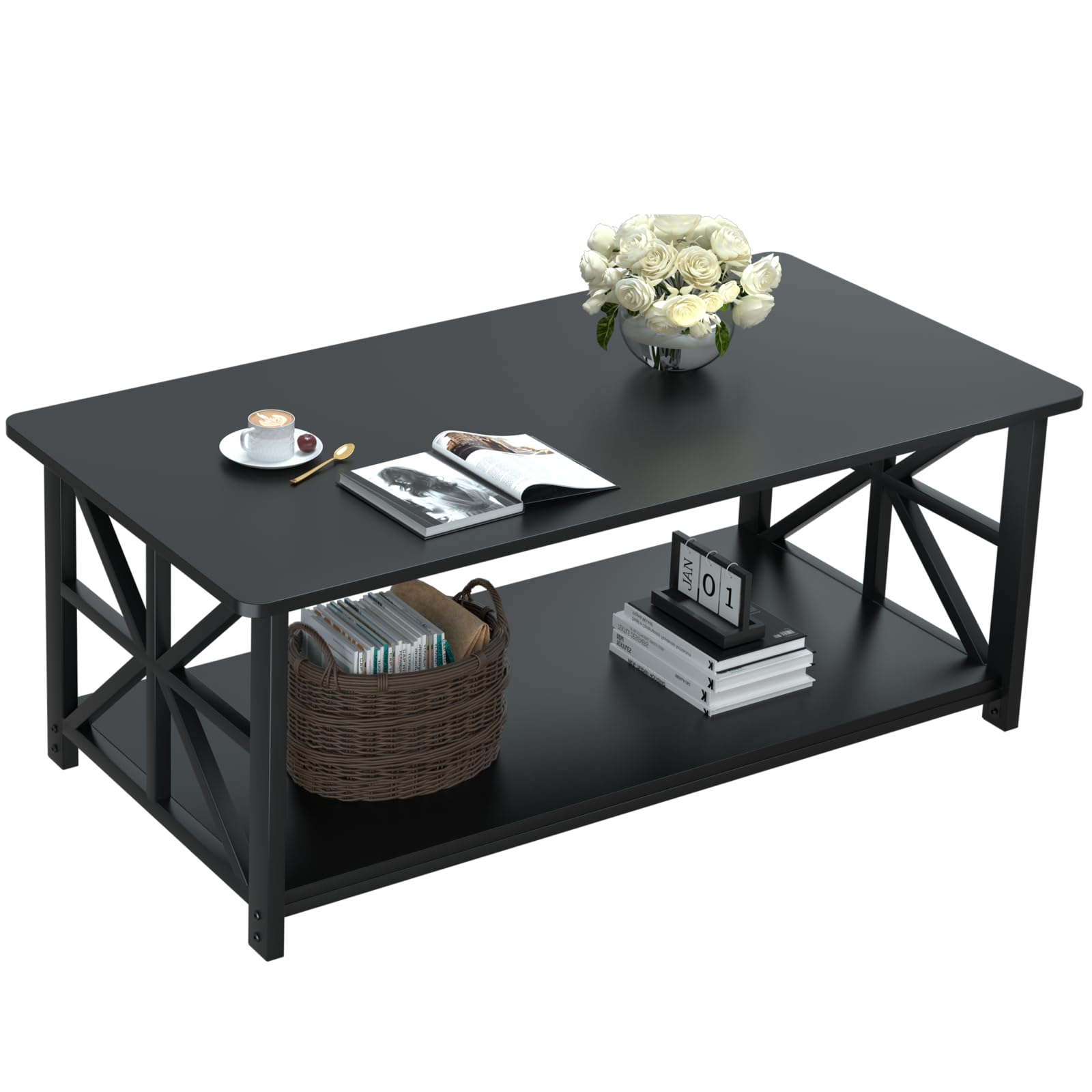 Coffee Table with Round Corner, Farmhouse Center Table with 2-Tier Storage