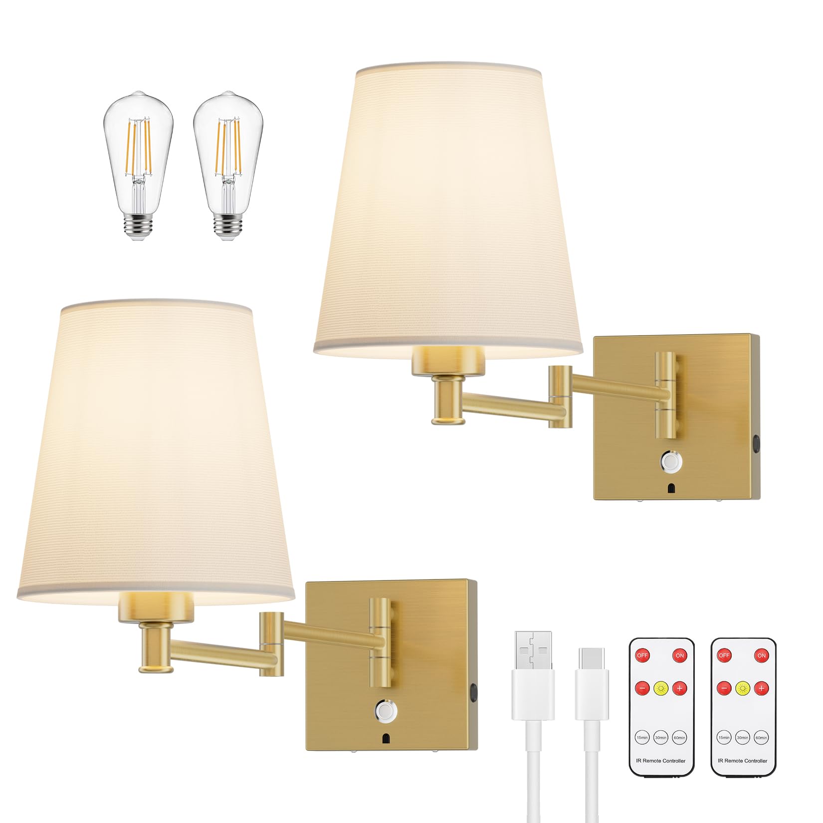 2-Pack Battery Operated Swing Arm Wall Sconces with Remote & Touch