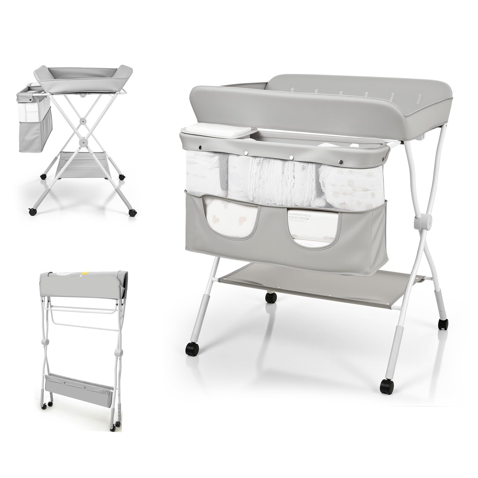 Portable Baby Changing Table with Wheels, 3-Level Adjustable Heights Folding