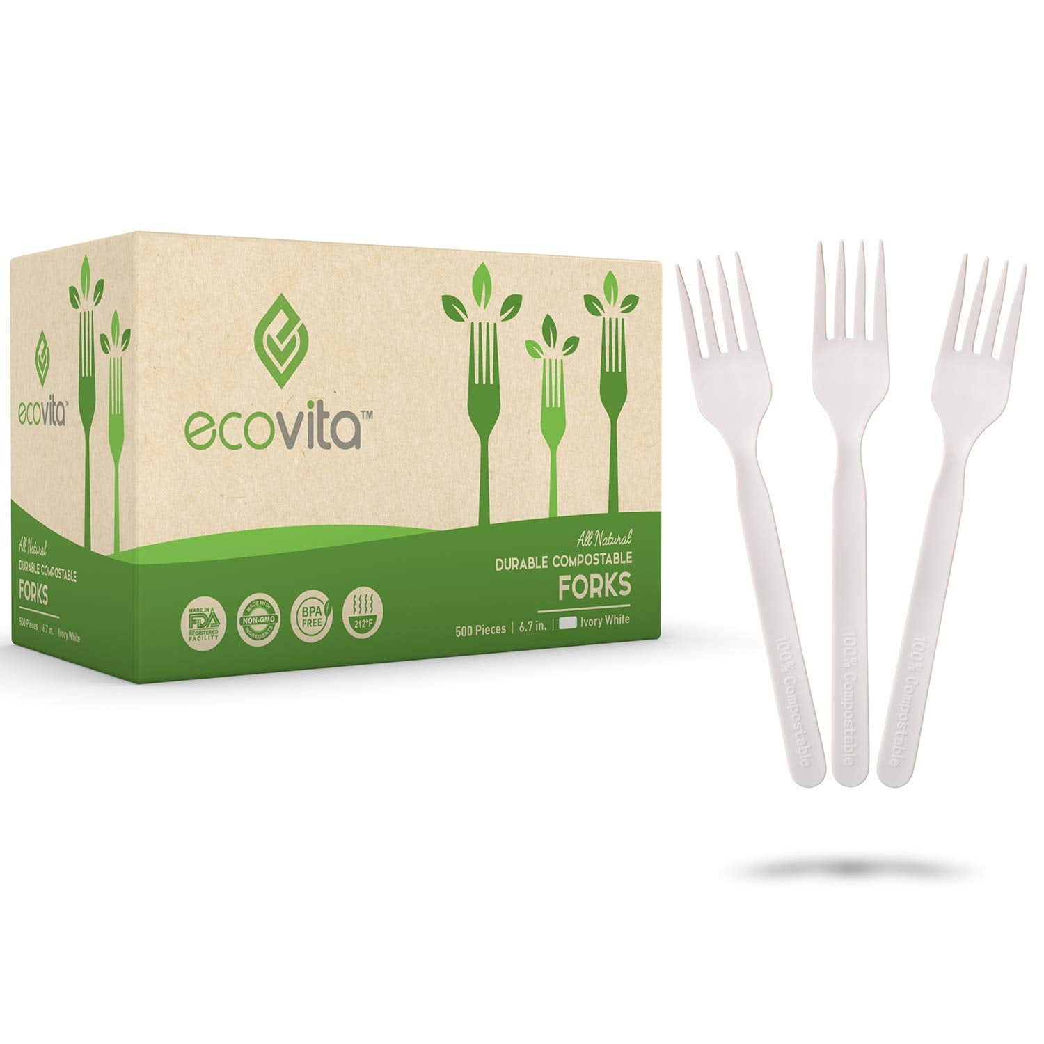 100% Compostable Forks - 500 Large Disposable Utensils (7 in.)
