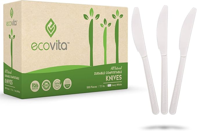 100% Compostable Knives - 500 Large Disposable Utensils (7 in.) Bulk Size Eco