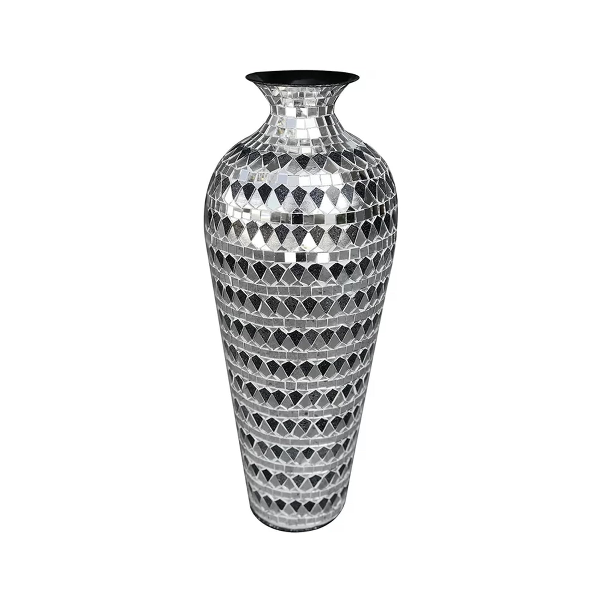 20 Inch Floor Vase, Mosaic Vase, Decorative Tall Vase, Accent Vase for Home Decor Geometric Pattern Designer Metal Vase with Glass Mosaic- Elegant Silver & Black Tessellation Pattern