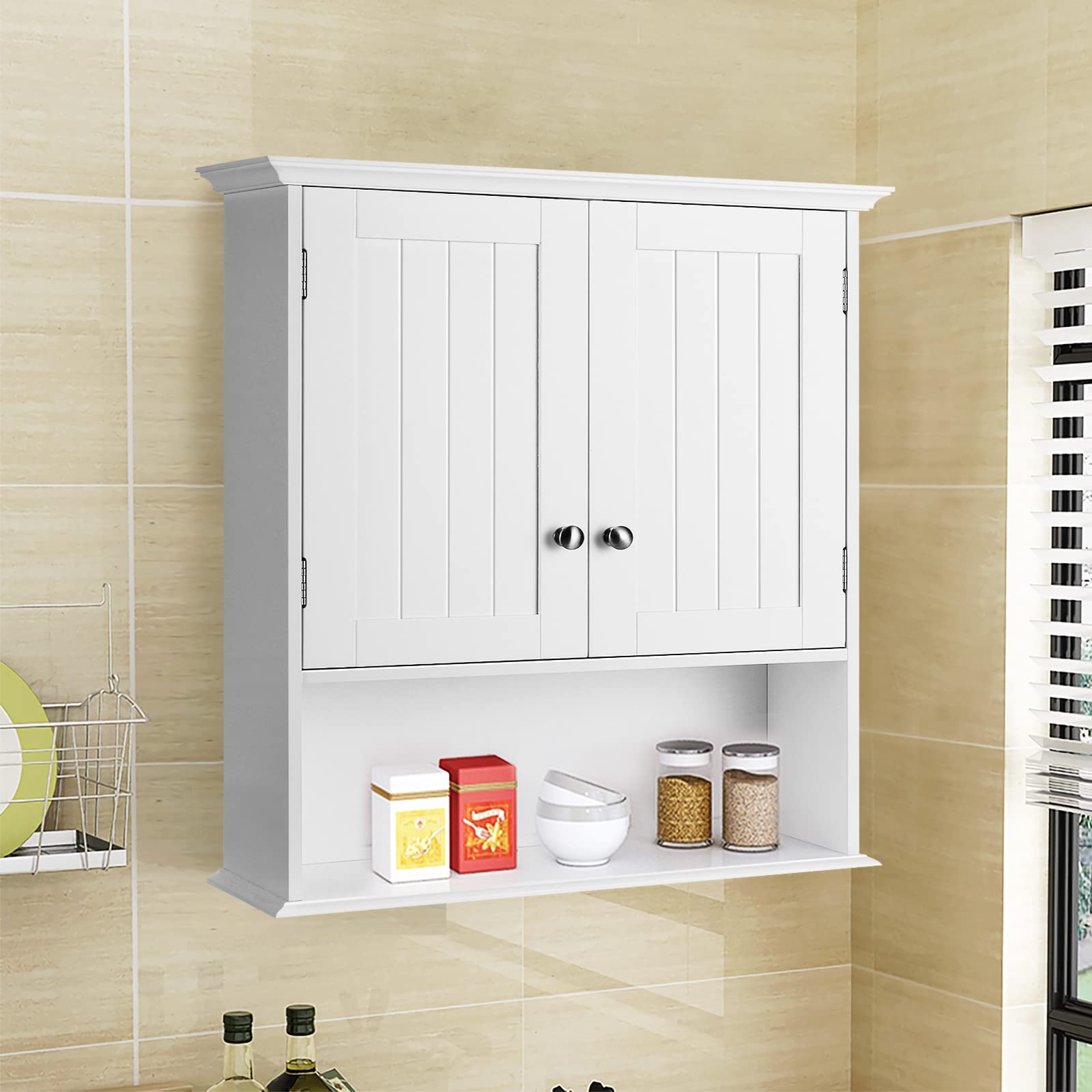 Bathroom Wall Cabinet, Wooden Hanging Storage with Doors & Shelves
