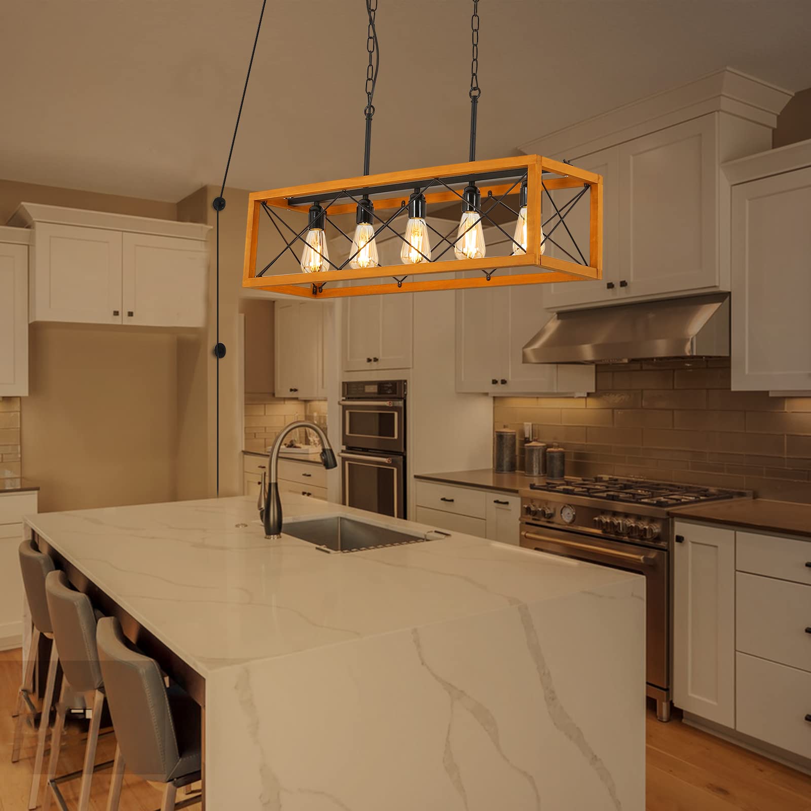 Rustic Kitchen Light Fixtures, Farmhouse Chandelier with Detachable Plug in Cord