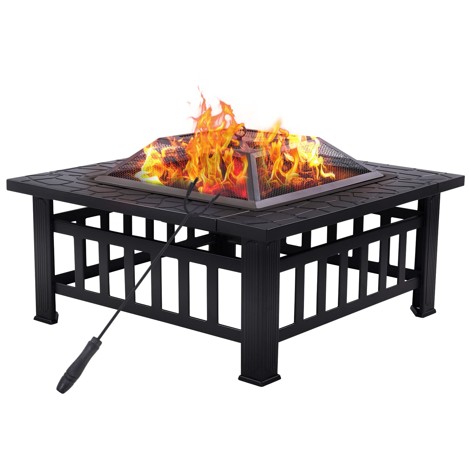 32" Fire Pit Square Wood Burning Outdoor Firepit Includes Fire Poker and Cover