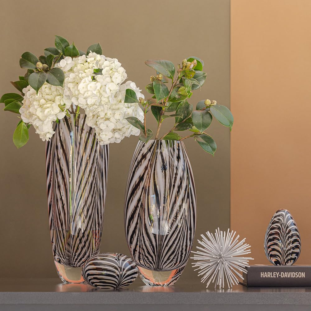 Glass Vase Black and White Feather Pattern Hand Blown Murano-Style Art Glass