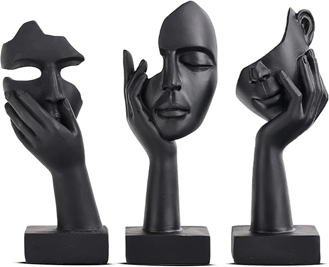 3 Pcs Thinker Small Statue Set - Black Gold Abstract Art Figurines Home Living Room