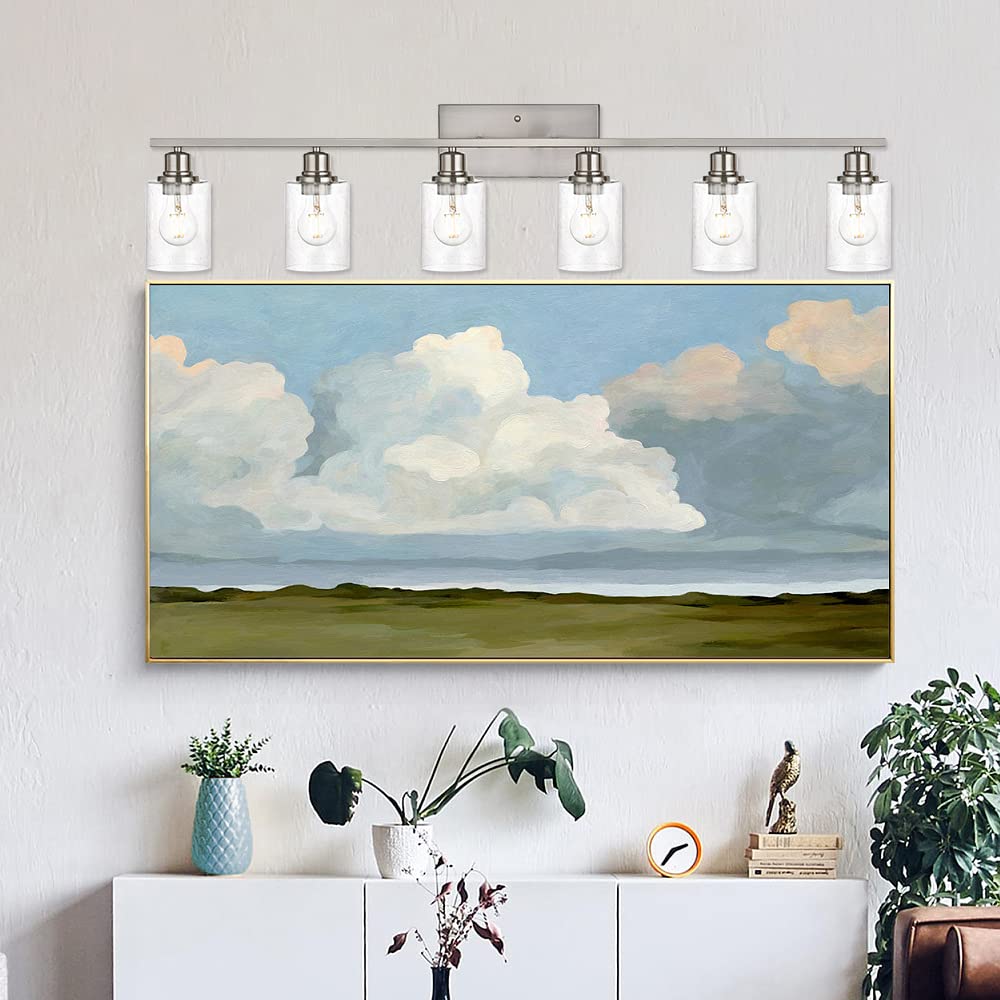 6 Light Brushed Nickel Wall Lighting with Seeded Glass Shade,Contemporary Bathroom Light