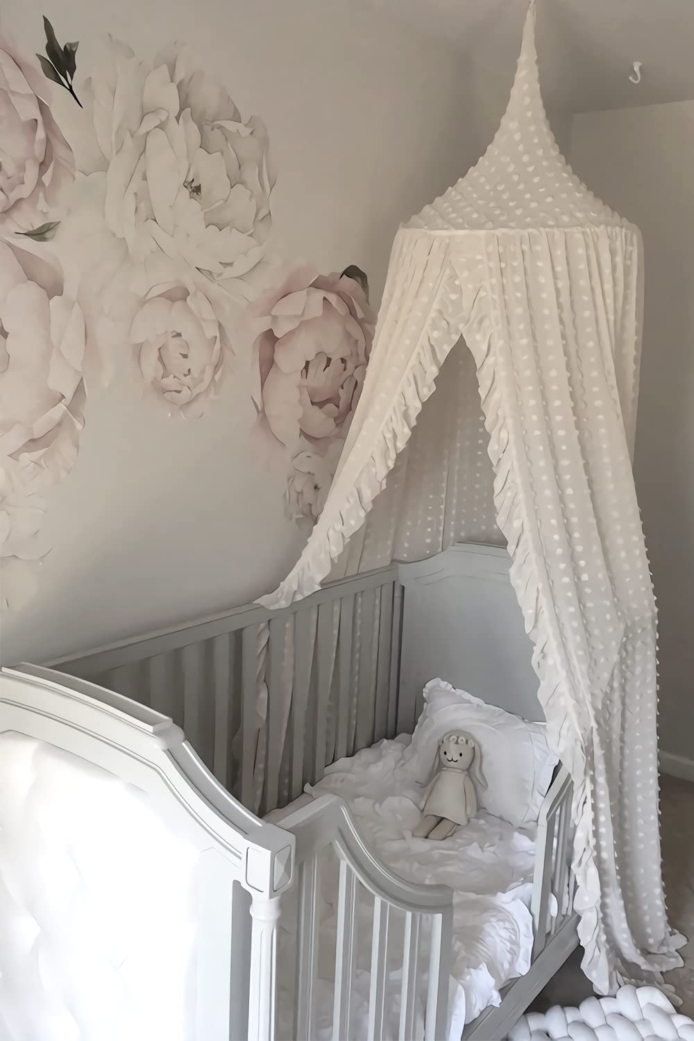 Elegant Kids Bed Canopy - Lace Chiffon Netting with Pom Pom, Princess Girls Fairy Dream