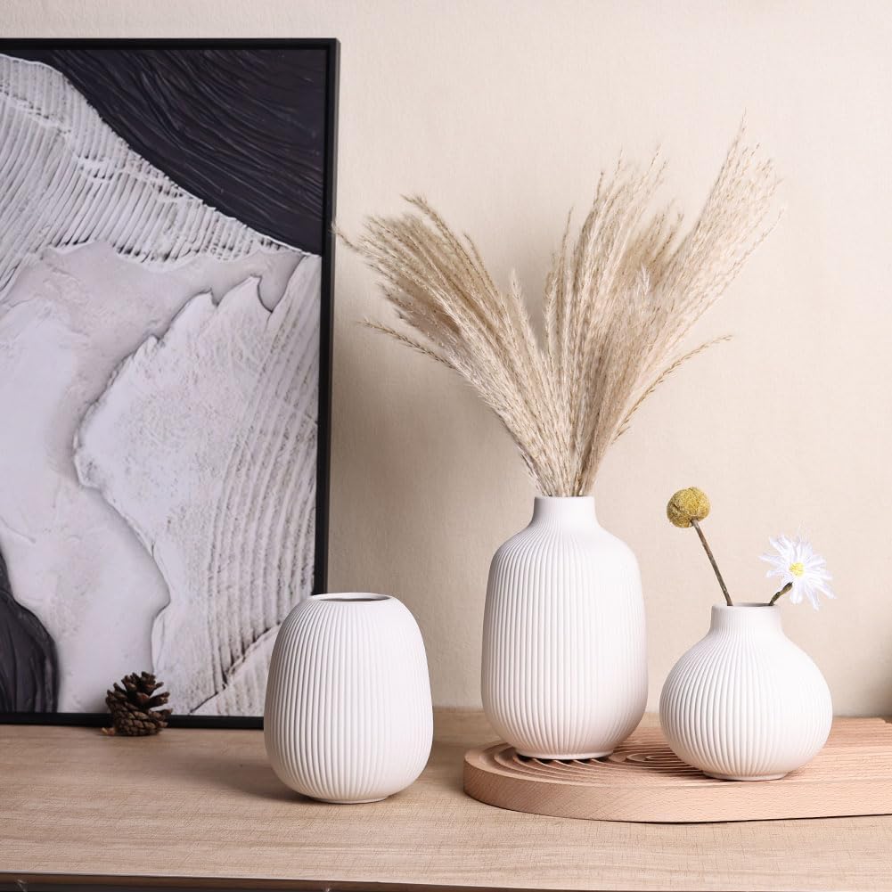 White Ceramic Vase Set of 3, Minimalist Decor, Home Decorative Vase