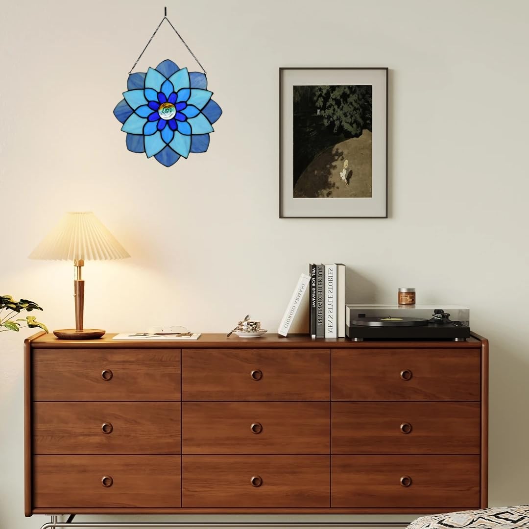 12 Inch Round Stained Glass Window Panel Tiffany Style Ornament Handmade Blue